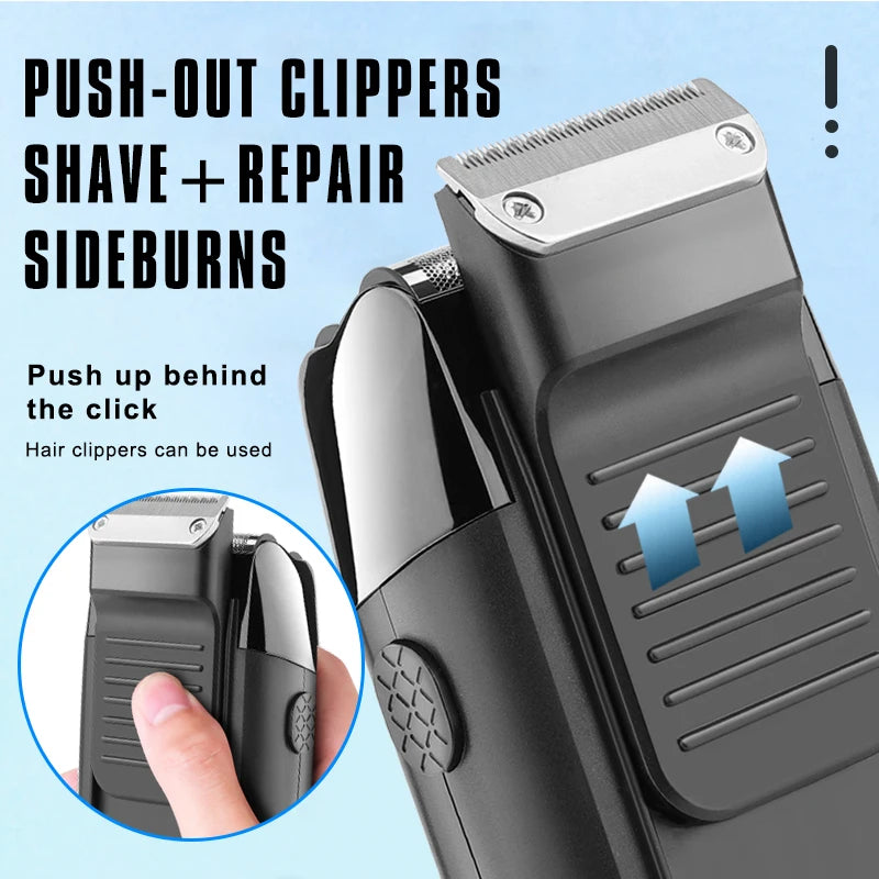 LCD Electric Mini Beard Shaver with a sleek design, featuring a floating double-sided cutter head and an LCD display for battery life.