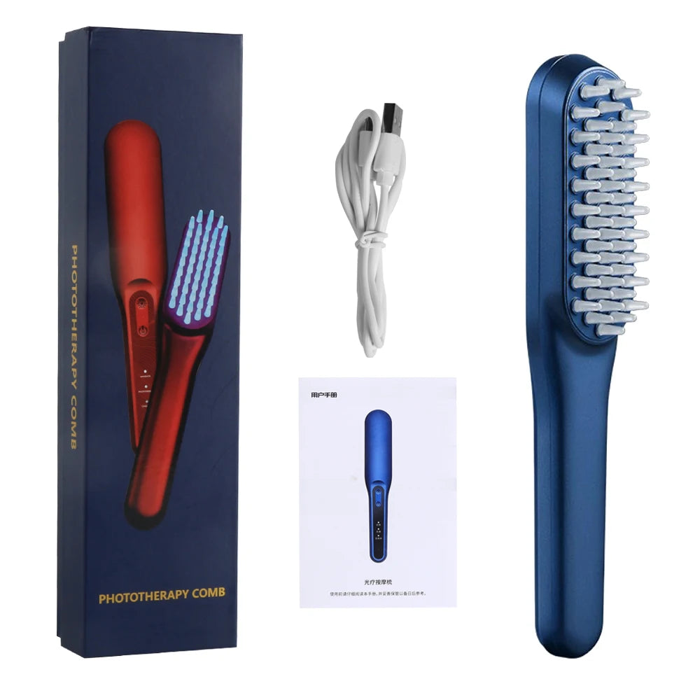 LED Light Red Phototherapy Massage Vibration Comb designed for hair growth and scalp massage, featuring a sleek design and ergonomic handle.