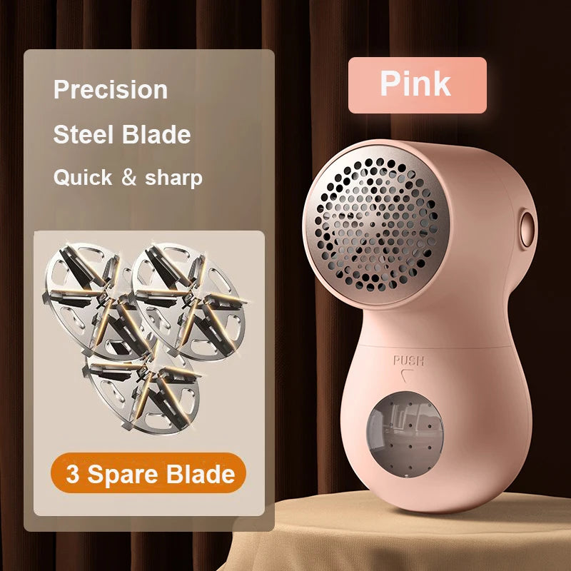 Rechargeable lint remover with six blades, designed for efficient hair ball trimming on clothes and fabrics.