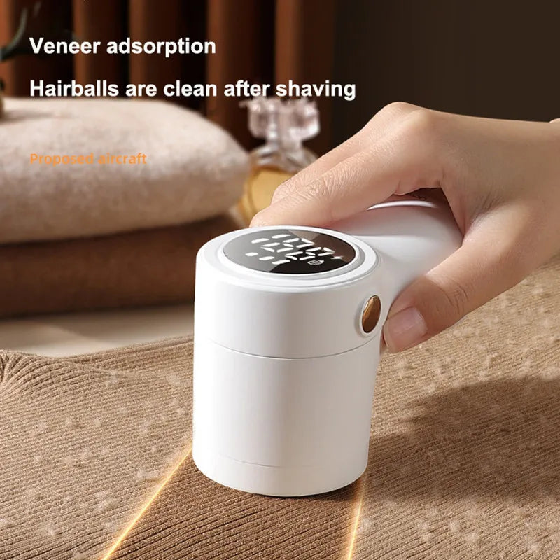 Rechargeable lint remover with six blades, designed for efficient hair ball trimming on clothes and fabrics.