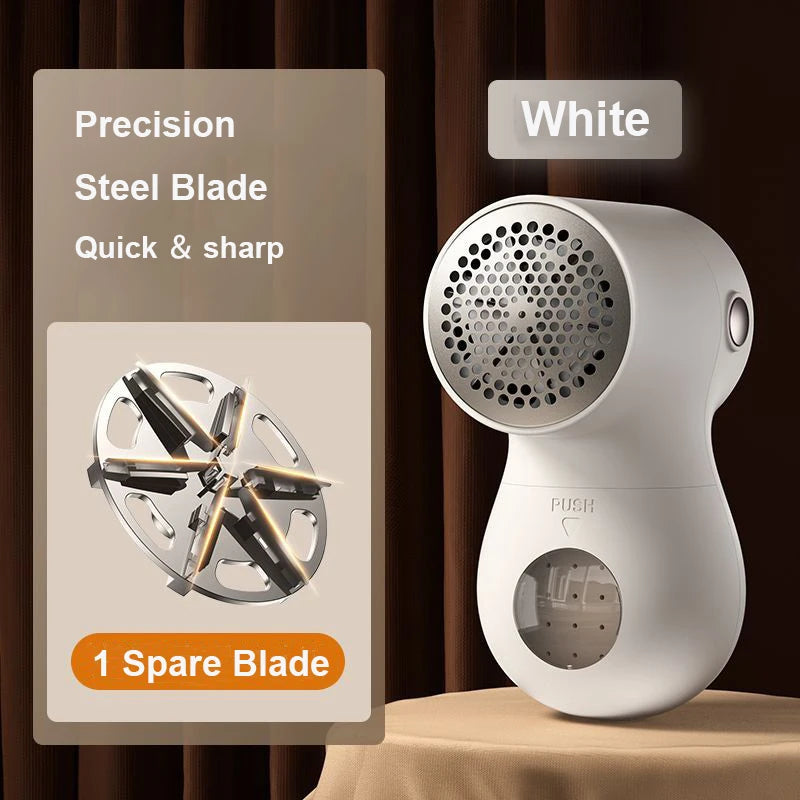 Rechargeable lint remover with six blades, designed for efficient hair ball trimming on clothes and fabrics.