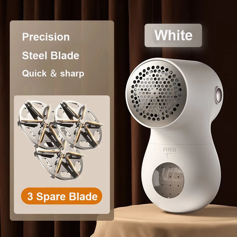 Rechargeable lint remover with six blades, designed for efficient hair ball trimming on clothes and fabrics.