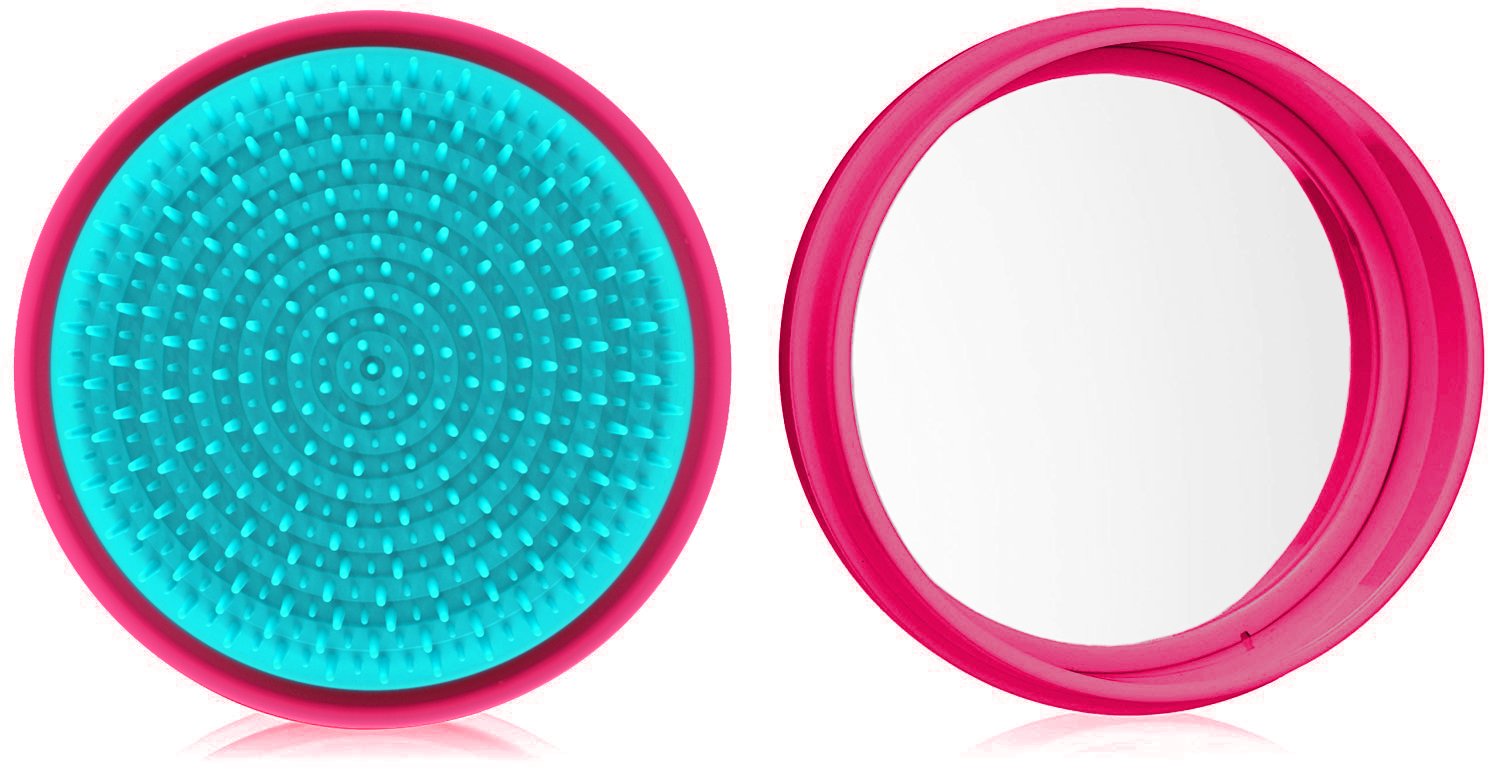 A stylish macaron for hair® travel hairbrush with a pop-off cover and integrated mirror, designed for easy detangling and portability.