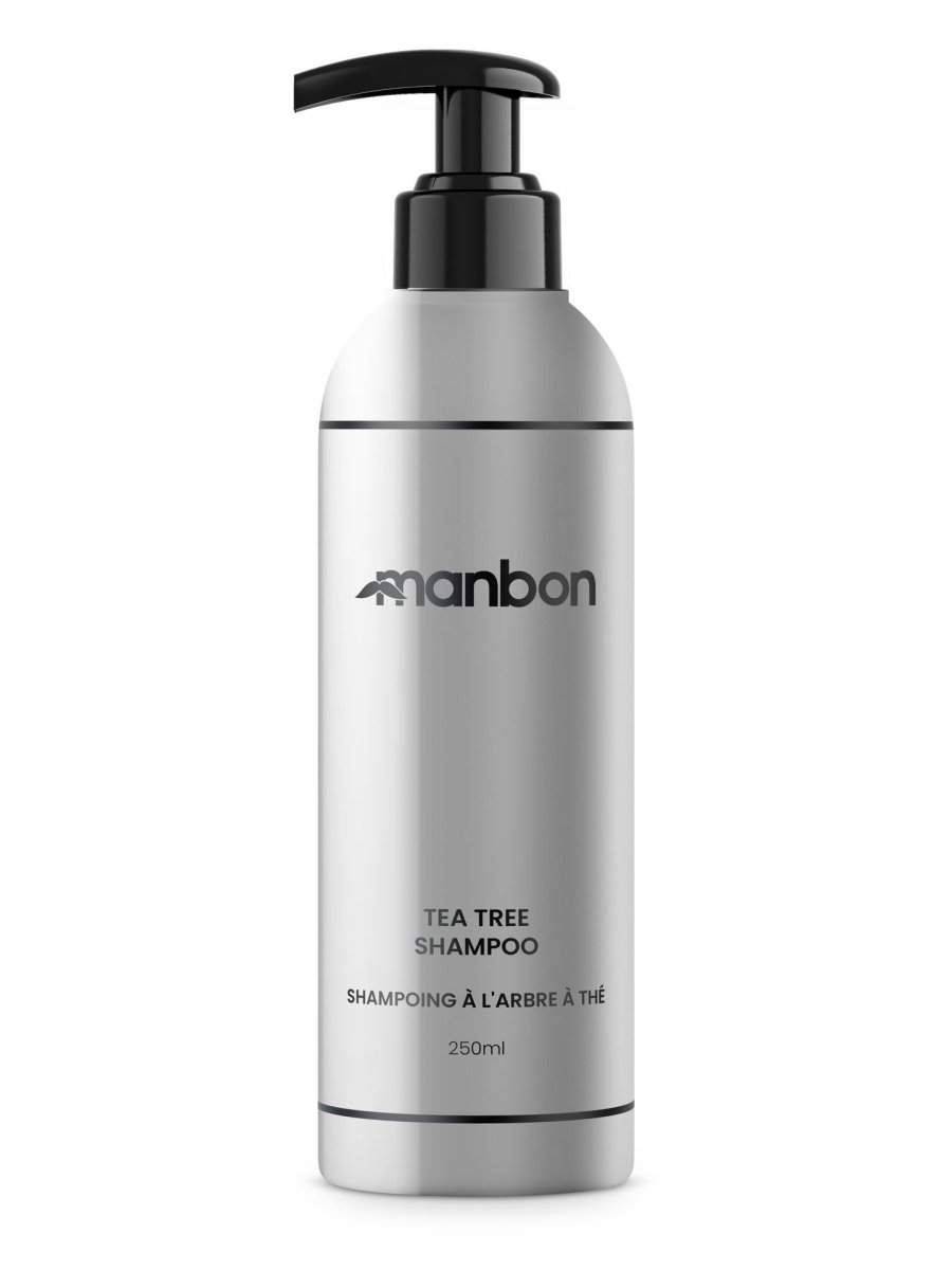 MANBON Deep Cleansing Tea Tree Shampoo bottle with natural ingredients, 250ml size.