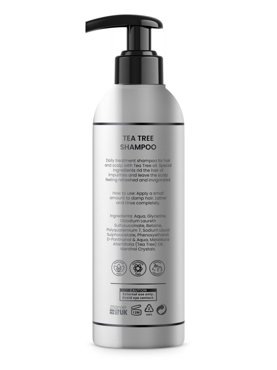 MANBON Deep Cleansing Tea Tree Shampoo bottle with natural ingredients, 250ml size.