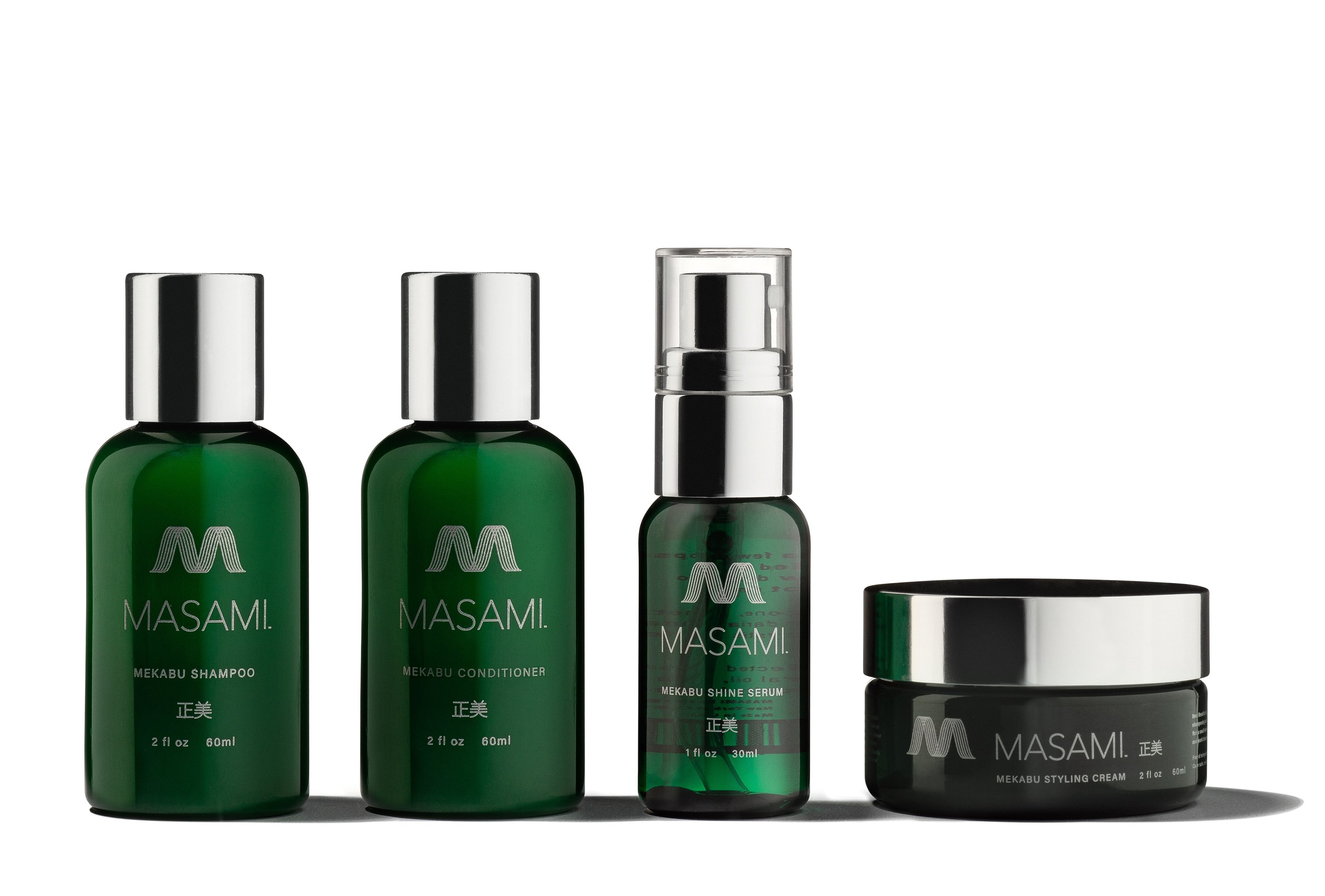 Mekabu Hydrating Haircare Travel Kit featuring shampoo, conditioner, styling cream, and shine serum in travel sizes.