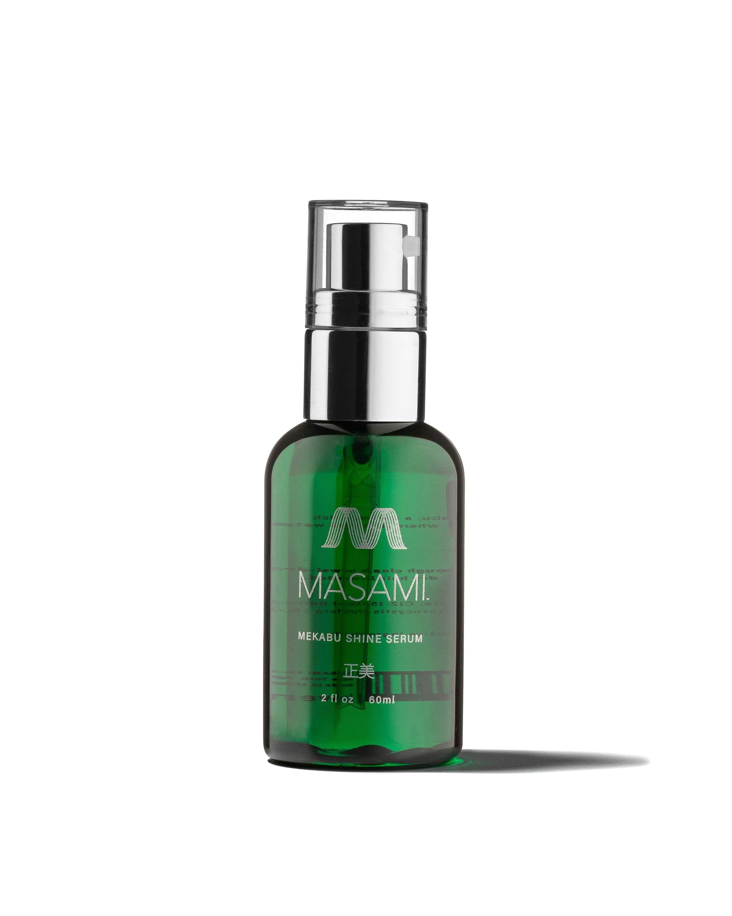 Mekabu Hydrating Shine Serum bottle with a sleek design, showcasing its nourishing properties for hair care.