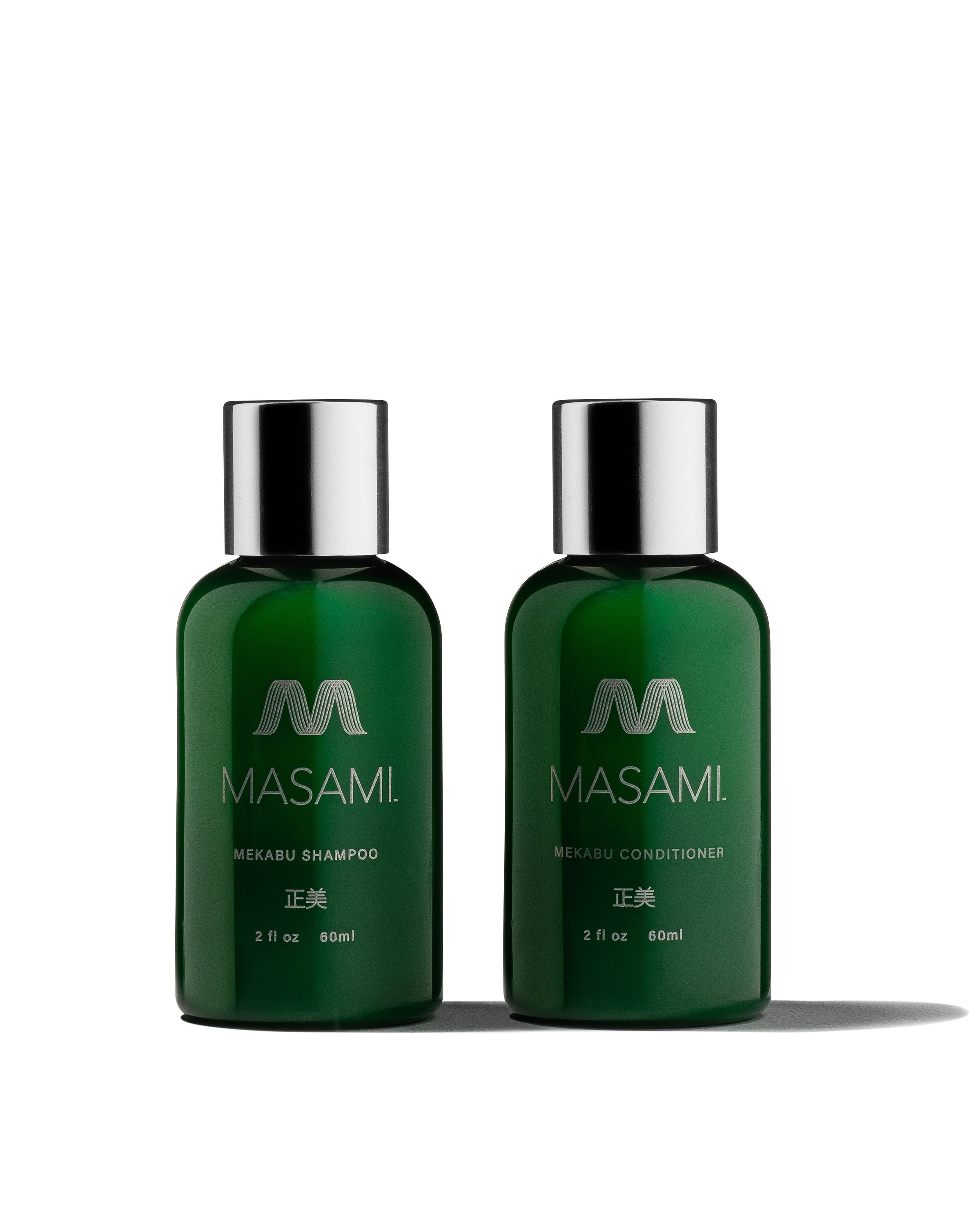 Mekabu Hydrating Travel Shampoo & Conditioner set featuring sleek travel-sized bottles with a refreshing design, ideal for hydration and nourishment.