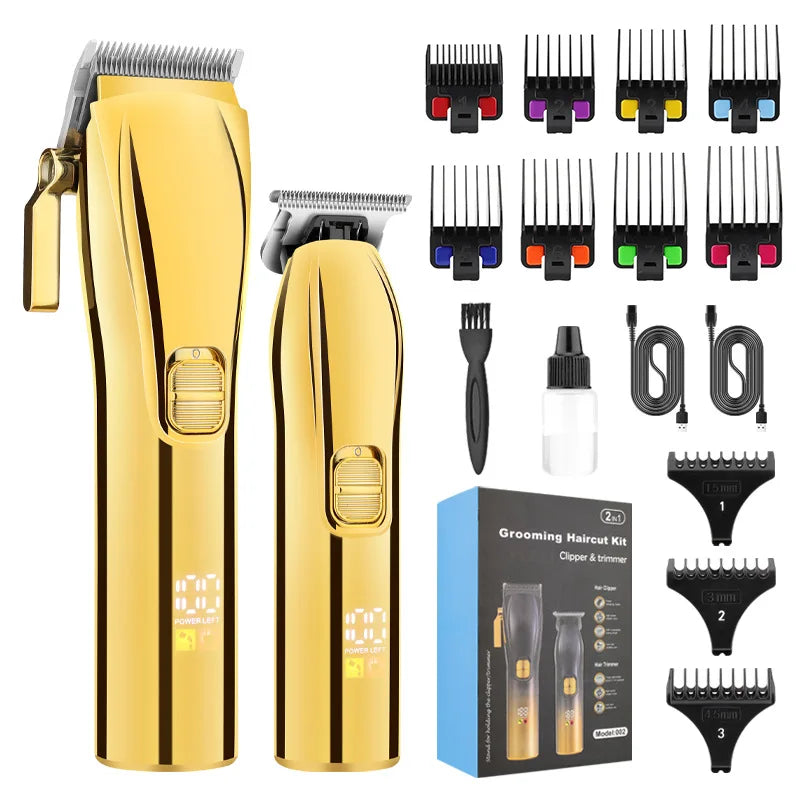 Men Professional Digital Display Hair Clipper Set with various attachments and ergonomic design for precise grooming.