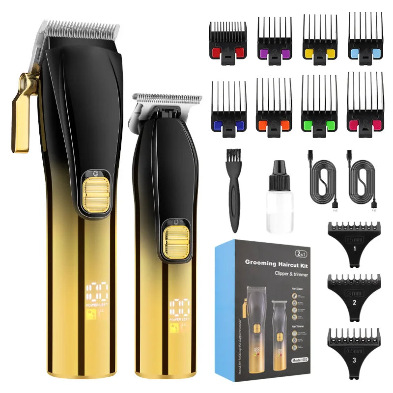 Men Professional Digital Display Hair Clipper Set with various attachments and ergonomic design for precise grooming.