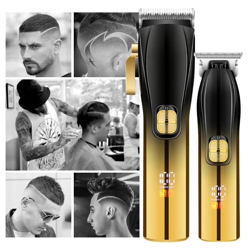 Men Professional Digital Display Hair Clipper Set with various attachments and ergonomic design for precise grooming.