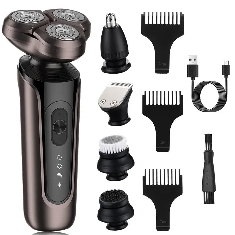 Men's 5-in-1 Multi-functional Electric Shaver set with various grooming heads and accessories displayed on a clean surface.