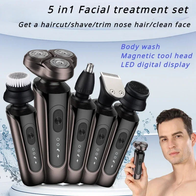 Men's 5-in-1 Multi-functional Electric Shaver set with various grooming heads and accessories displayed on a clean surface.