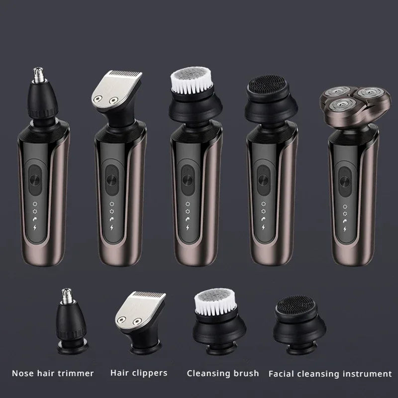 Men's 5-in-1 Multi-functional Electric Shaver set with various grooming heads and accessories displayed on a clean surface.