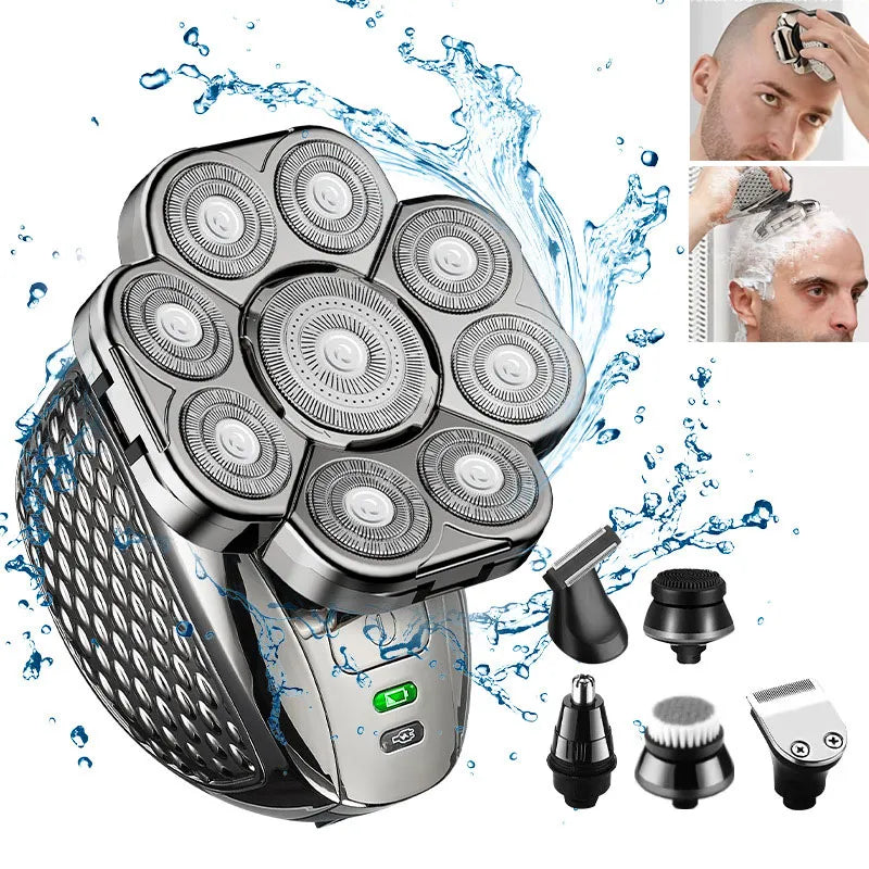 Men's Bald Head Electric Shaver with 9 floating blades and 6-in-1 grooming attachments, showcasing its ergonomic design and waterproof feature.