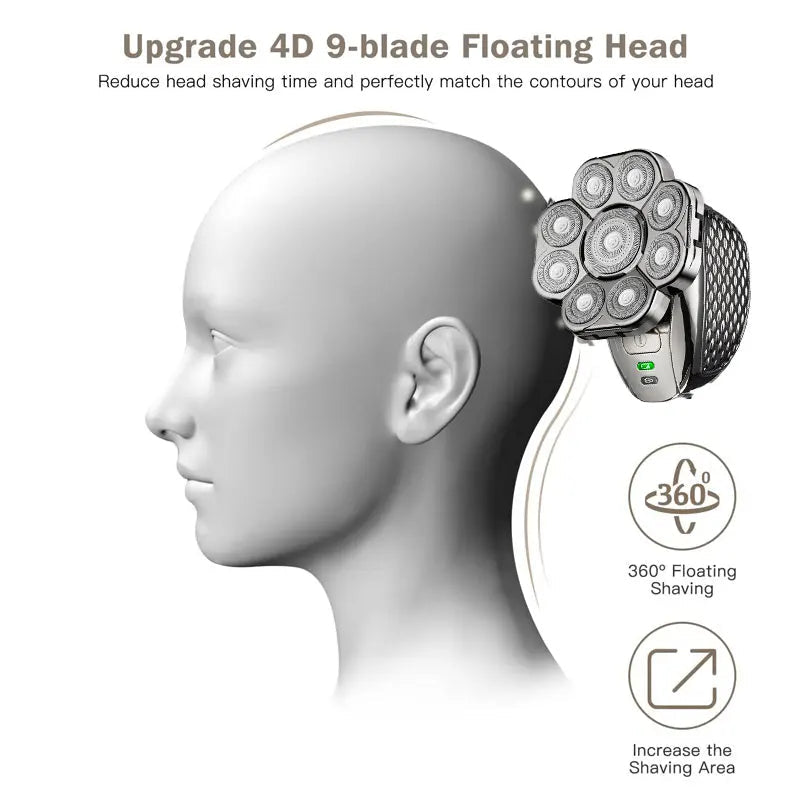 Men's Bald Head Electric Shaver with 9 floating blades and 6-in-1 grooming attachments, showcasing its ergonomic design and waterproof feature.