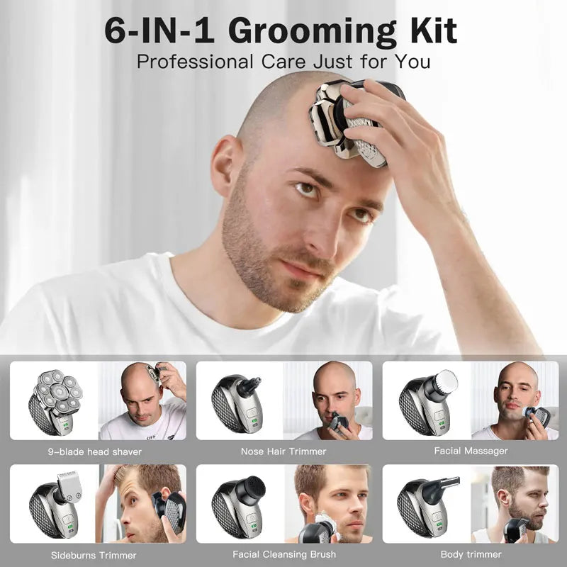 Men's Bald Head Electric Shaver with 9 floating blades and 6-in-1 grooming attachments, showcasing its ergonomic design and waterproof feature.