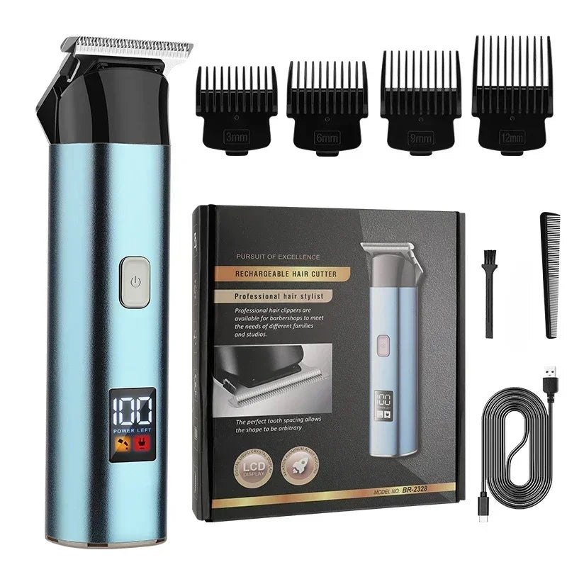 Men's Electric Hair Clipper with LCD display, featuring a sleek design and stainless steel blade, ideal for home grooming.