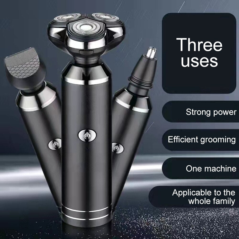 Men's Electric Shaver Safety Epilator with multiple attachments including nose and ear trimmers, showcasing its sleek design and features.