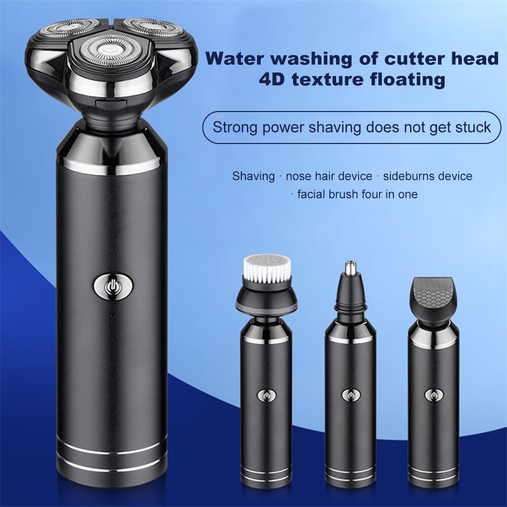 Men's Electric Shaver Safety Epilator with multiple attachments including nose and ear trimmers, showcasing its sleek design and features.