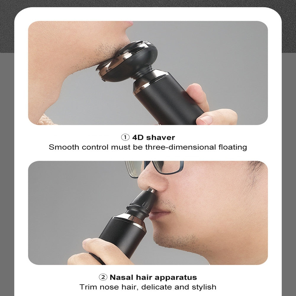 Men's Electric Shaver Safety Epilator with multiple attachments including nose and ear trimmers, showcasing its sleek design and features.