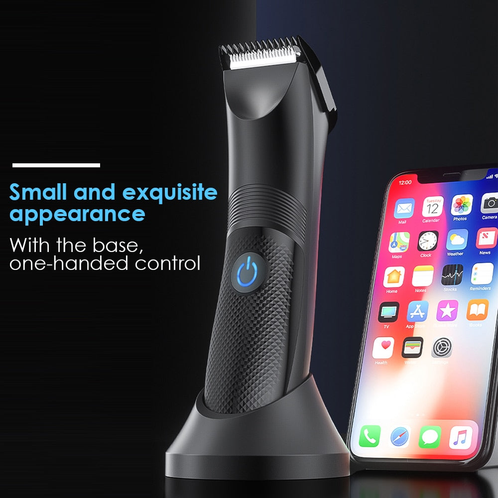 Men's electric hair removal shaver designed for intimate areas, featuring ceramic blades and ergonomic design for safe and comfortable grooming.