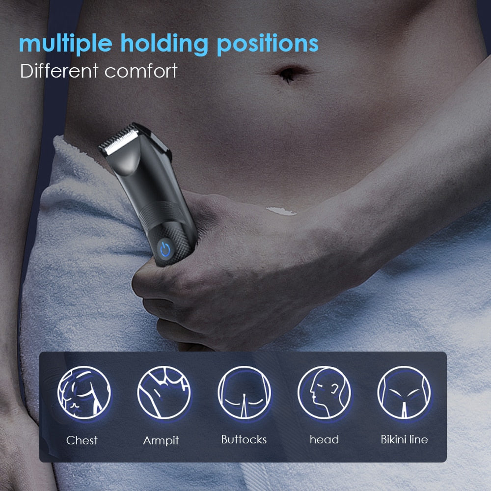 Men's electric hair removal shaver designed for intimate areas, featuring ceramic blades and ergonomic design for safe and comfortable grooming.