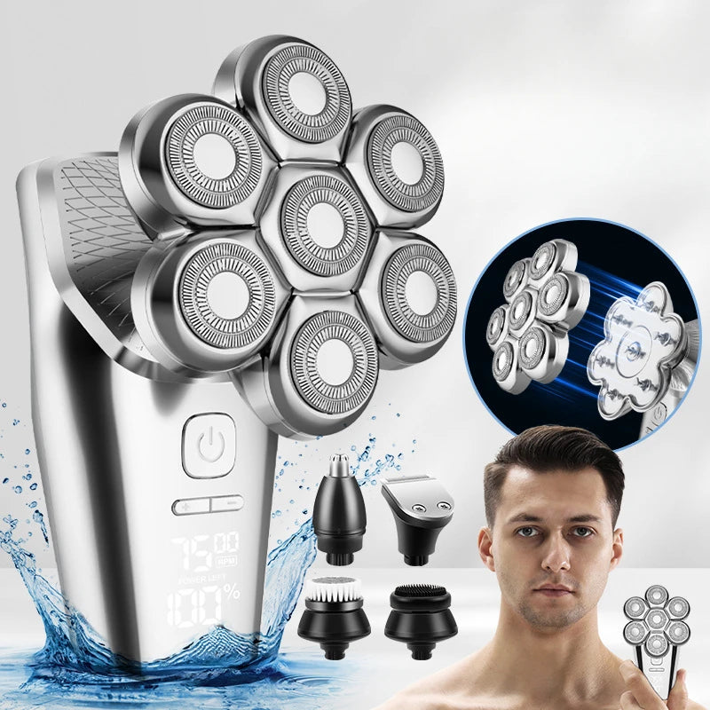 Men's Multifunctional Electric Shaver with magnetic suction head, showcasing its sleek design and multiple grooming attachments.