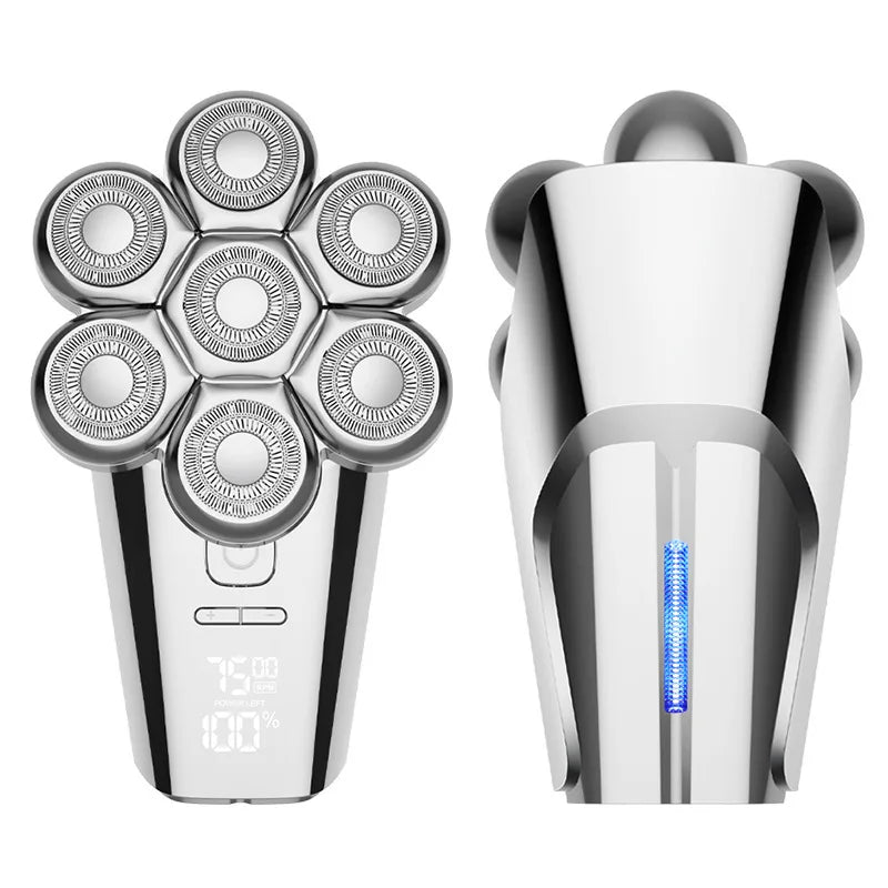 Men's Multifunctional Electric Shaver with magnetic suction head, showcasing its sleek design and multiple grooming attachments.