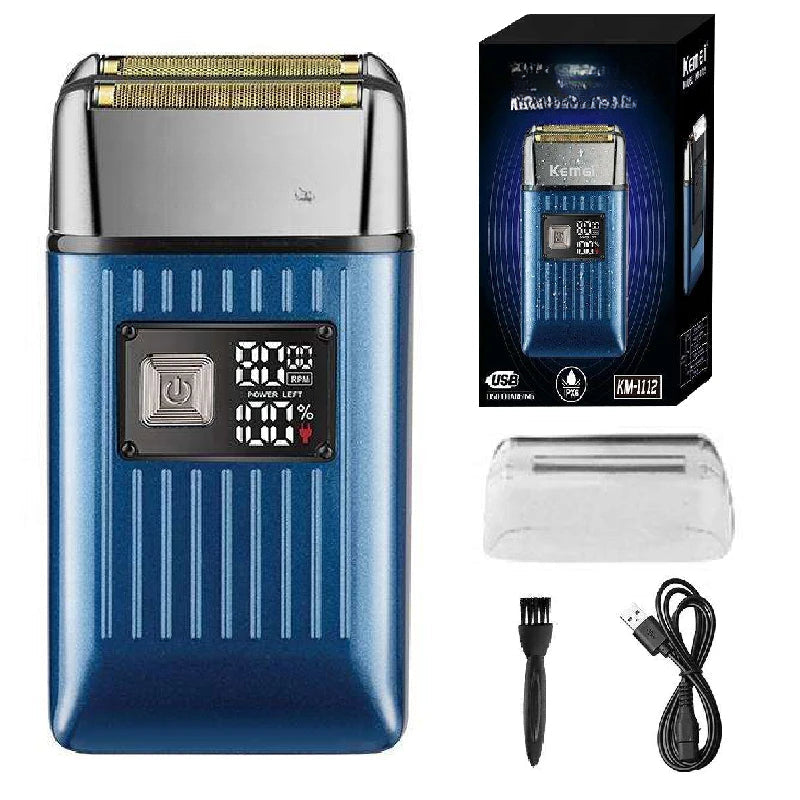 Metal 2-Speed Electric Shaver with dual blade system and LCD display, designed for hair, beard, and bald head grooming.