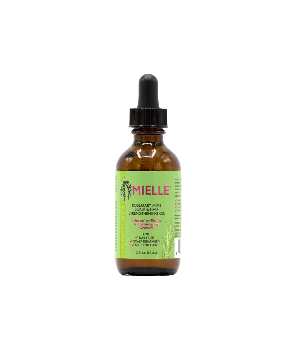 Mielle Rosemary Mint Scalp & Hair Strengthening Oil 2 oz bottle with a fresh rosemary mint scent, designed for hair growth and nourishment.