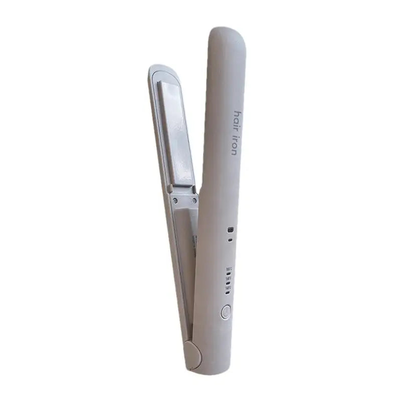 A compact Mini Hair Straightener with ceramic plates, designed for portable styling of short hair, featuring a cordless design and adjustable temperature settings.