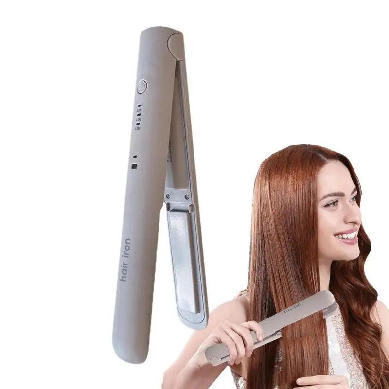 A compact Mini Hair Straightener with ceramic plates, designed for portable styling of short hair, featuring a cordless design and adjustable temperature settings.