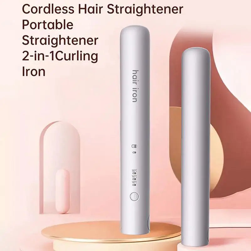 A compact Mini Hair Straightener with ceramic plates, designed for portable styling of short hair, featuring a cordless design and adjustable temperature settings.