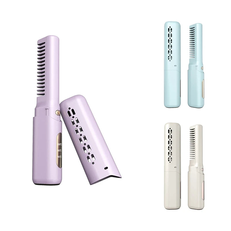 Mini Hair Straightener Professional Quick Heated Electric Hot Comb in blue color, showcasing its sleek design and ergonomic grip.