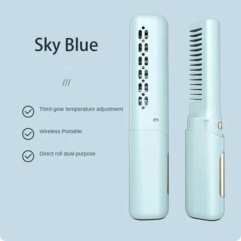 Mini Hair Straightener Professional Quick Heated Electric Hot Comb in blue color, showcasing its sleek design and ergonomic grip.