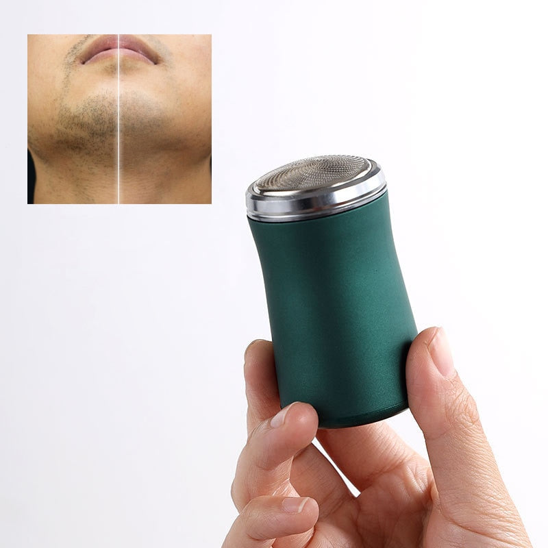 Mini Portable Hair Trimmer Electric Shaver Razor in green and black, showcasing its compact design and USB charging port.