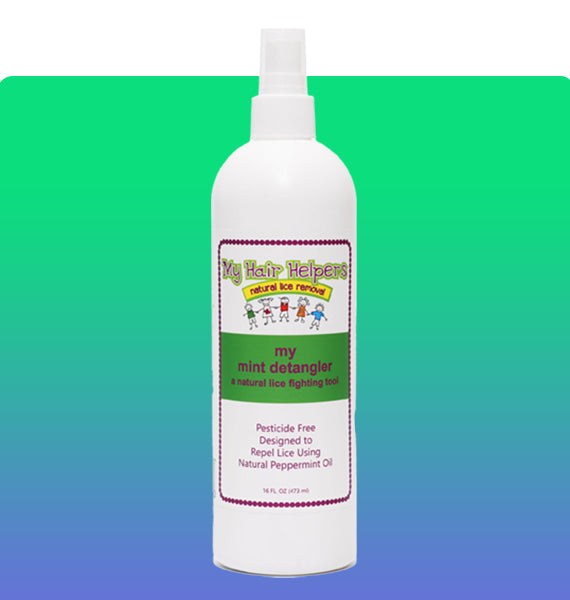 Mint Natural Hair Detangler for Kids in a spray bottle, designed for easy detangling and lice prevention, featuring a vibrant mint color.