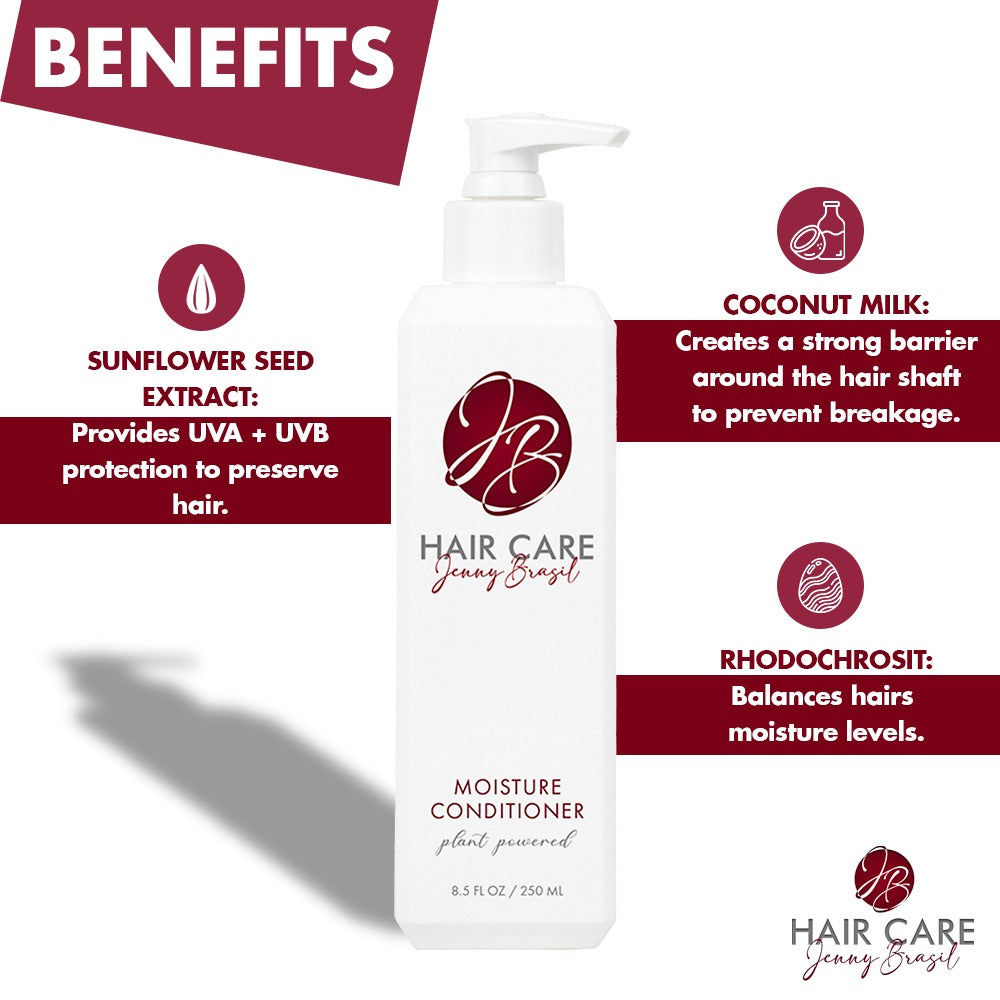 Moisture Conditioner bottle with a sleek design, showcasing its hydrating properties and key ingredients like coconut milk and sunflower seed extract.