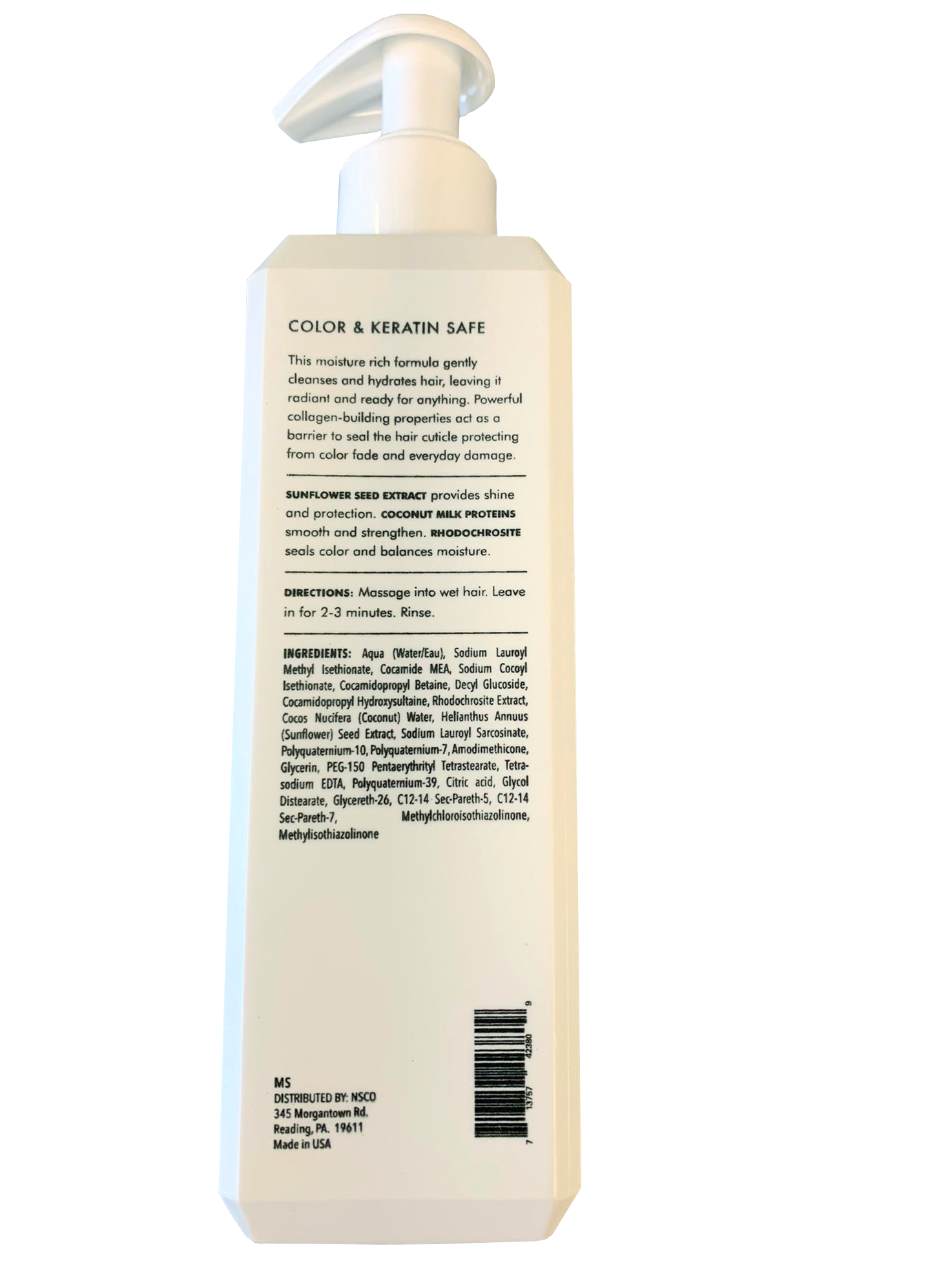 Moisture Conditioner bottle with a sleek design, showcasing its hydrating properties and key ingredients like coconut milk and sunflower seed extract.