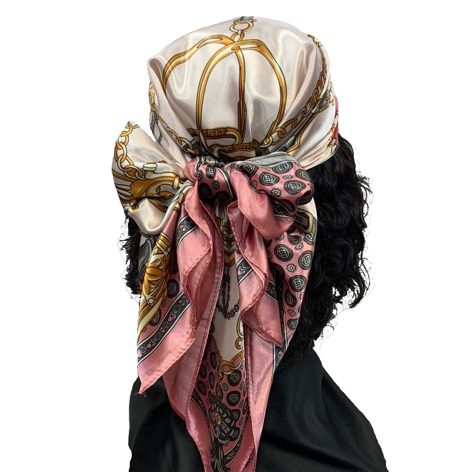 A luxurious Multi Purpose Satin Scarf measuring 35" x 35", showcasing its smooth texture and elegant design.