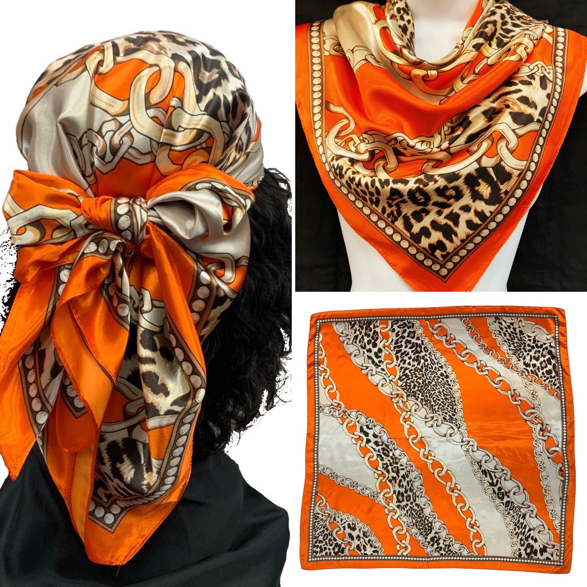 A luxurious 35" x 35" Multi Purpose Satin Scarf in vibrant colors, showcasing its silky texture and versatility for hair and fashion.