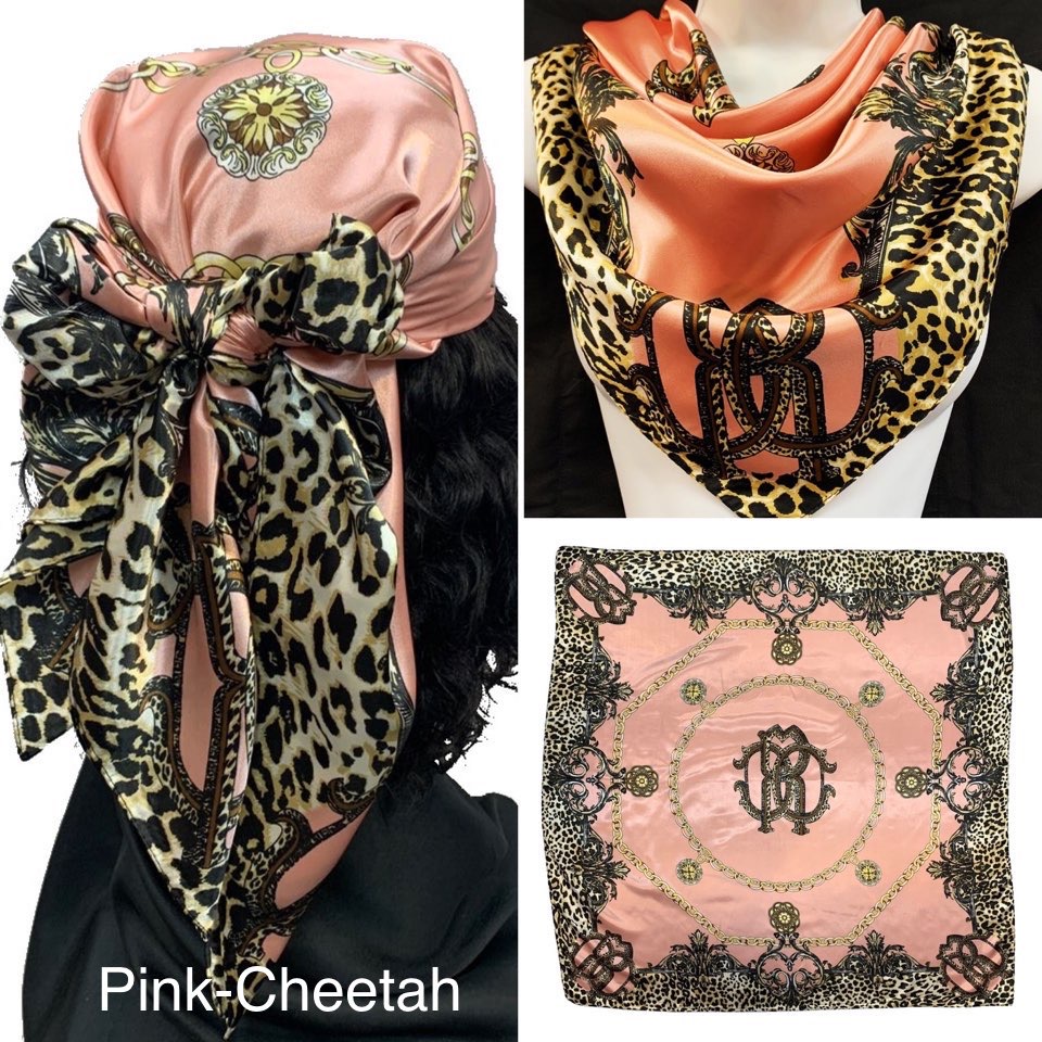 A luxurious 35x35 inch multi-purpose scarf made of soft polyester, styled as a hair scarf and displayed elegantly.