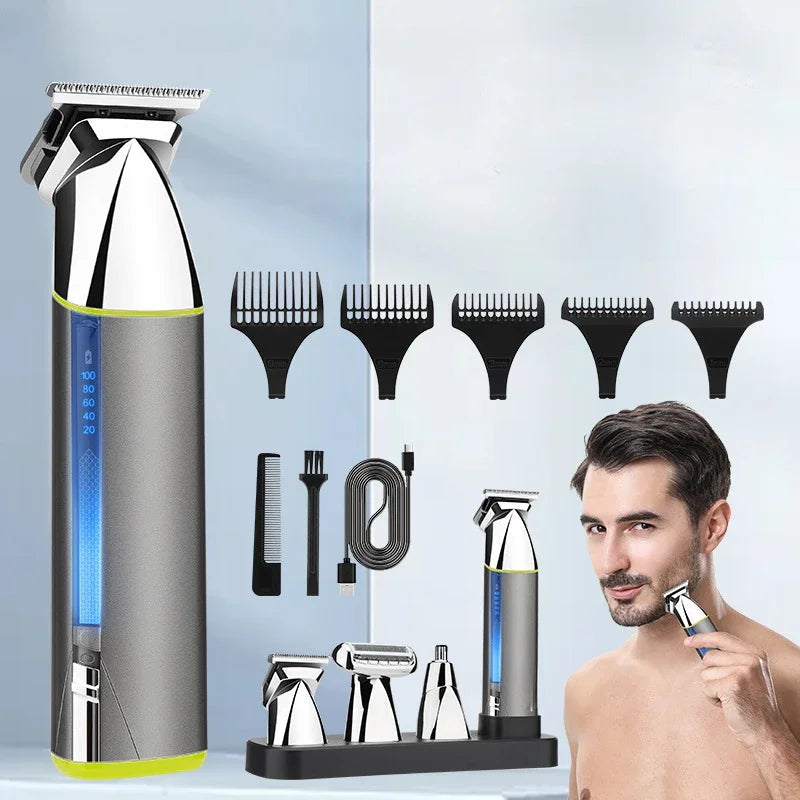 Multi-function Electric Shaver for Men with various attachments including nose hair trimmer and body hair clipper, designed for versatile grooming.