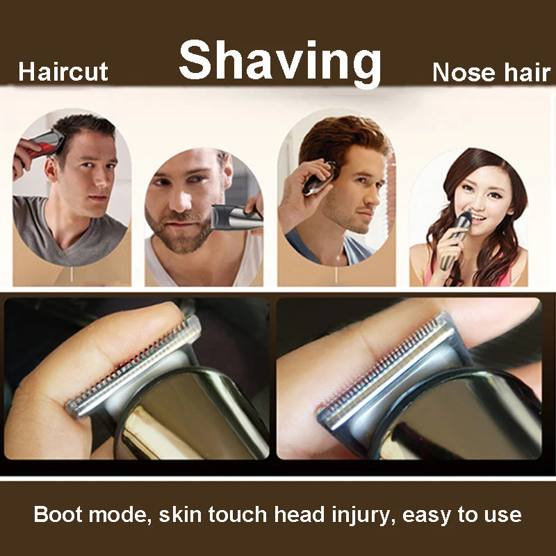 Multifunction Men's Electric Hair Trimmer with four interchangeable heads for shaving, trimming, and grooming.