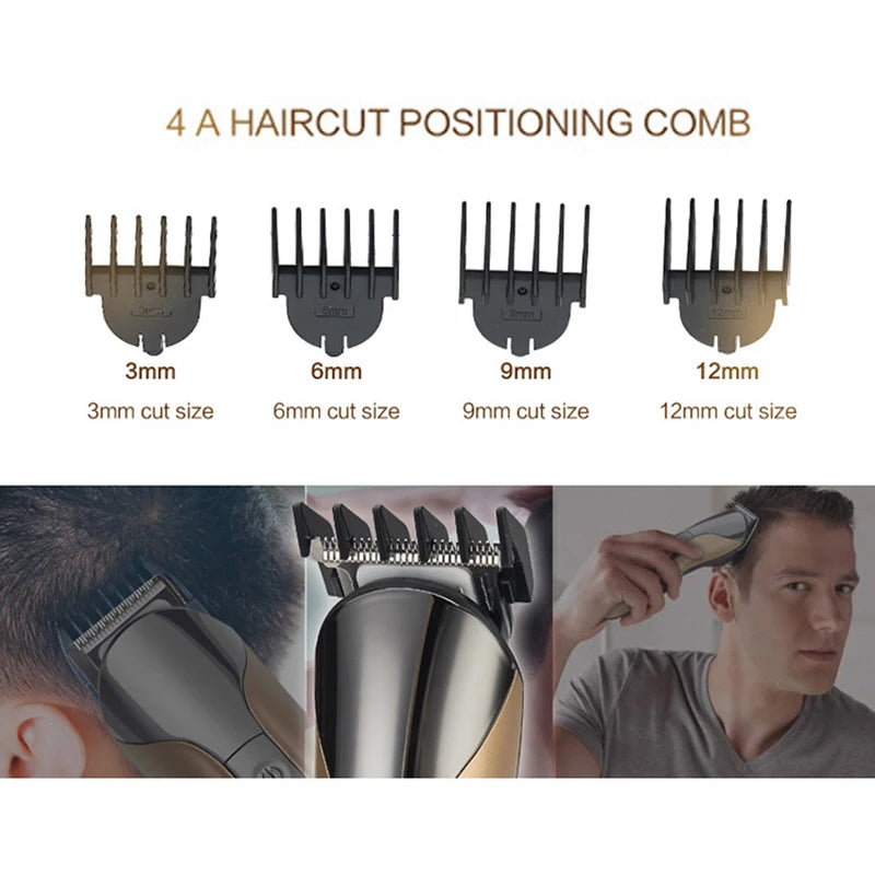 Multifunction Men's Electric Hair Trimmer with four interchangeable heads for shaving, trimming, and grooming.