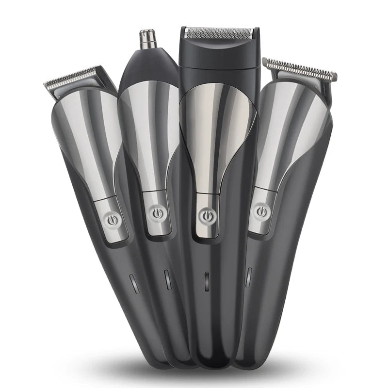 Multifunction Men's Electric Hair Trimmer with four interchangeable heads for shaving, trimming, and grooming.