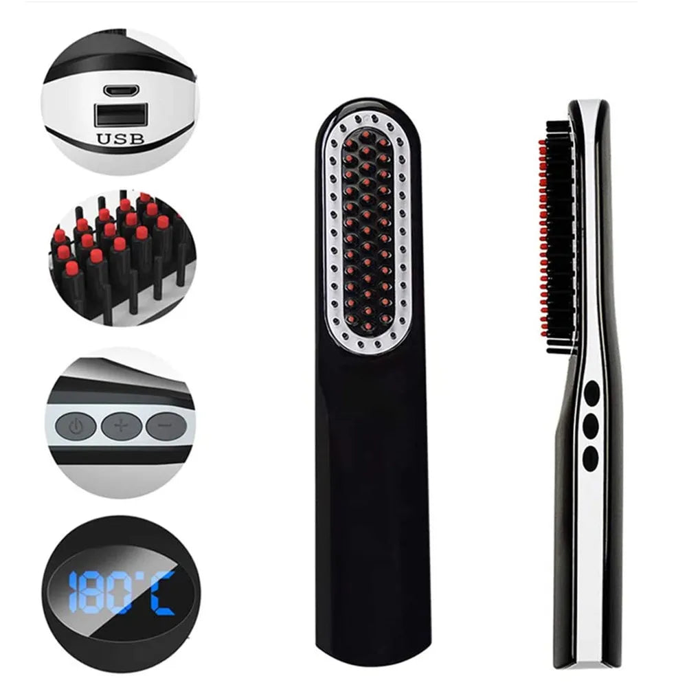 Multifunctional Mini Hair Comb Wireless, a sleek heated brush for hair and beard styling, featuring an LCD display and USB charging capability.