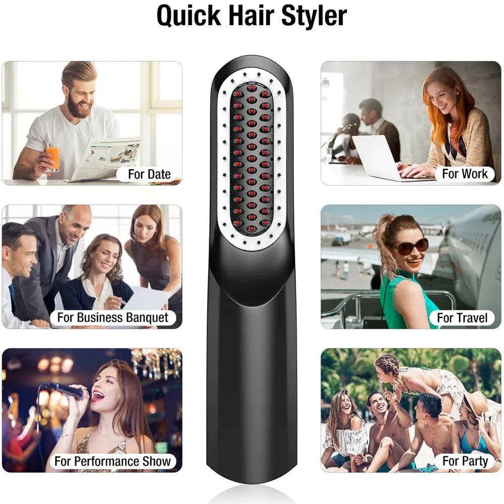 Multifunctional Mini Hair Comb Wireless, a sleek heated brush for hair and beard styling, featuring an LCD display and USB charging capability.