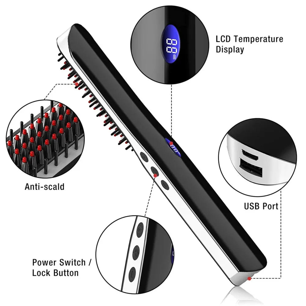 Multifunctional Mini Hair Comb Wireless, a sleek heated brush for hair and beard styling, featuring an LCD display and USB charging capability.